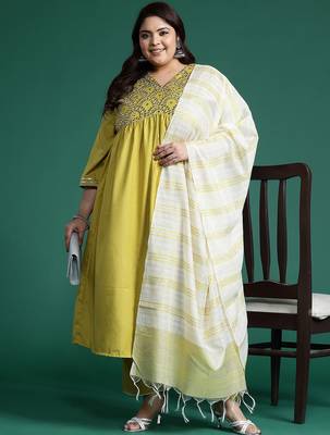 Plus Size Embroidered A-Line Kurta Trousers With Dupatta Set 1