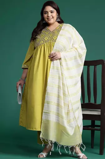 Plus Size Embroidered A-Line Kurta Trousers With Dupatta Set