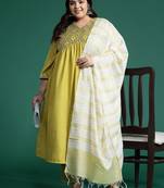 Plus Size Embroidered A-Line Kurta Trousers With Dupatta Set