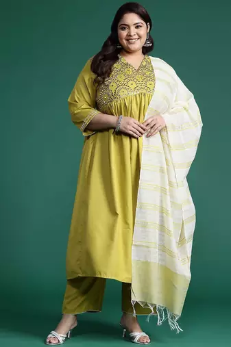 Plus Size Embroidered A-Line Kurta Trousers With Dupatta Set