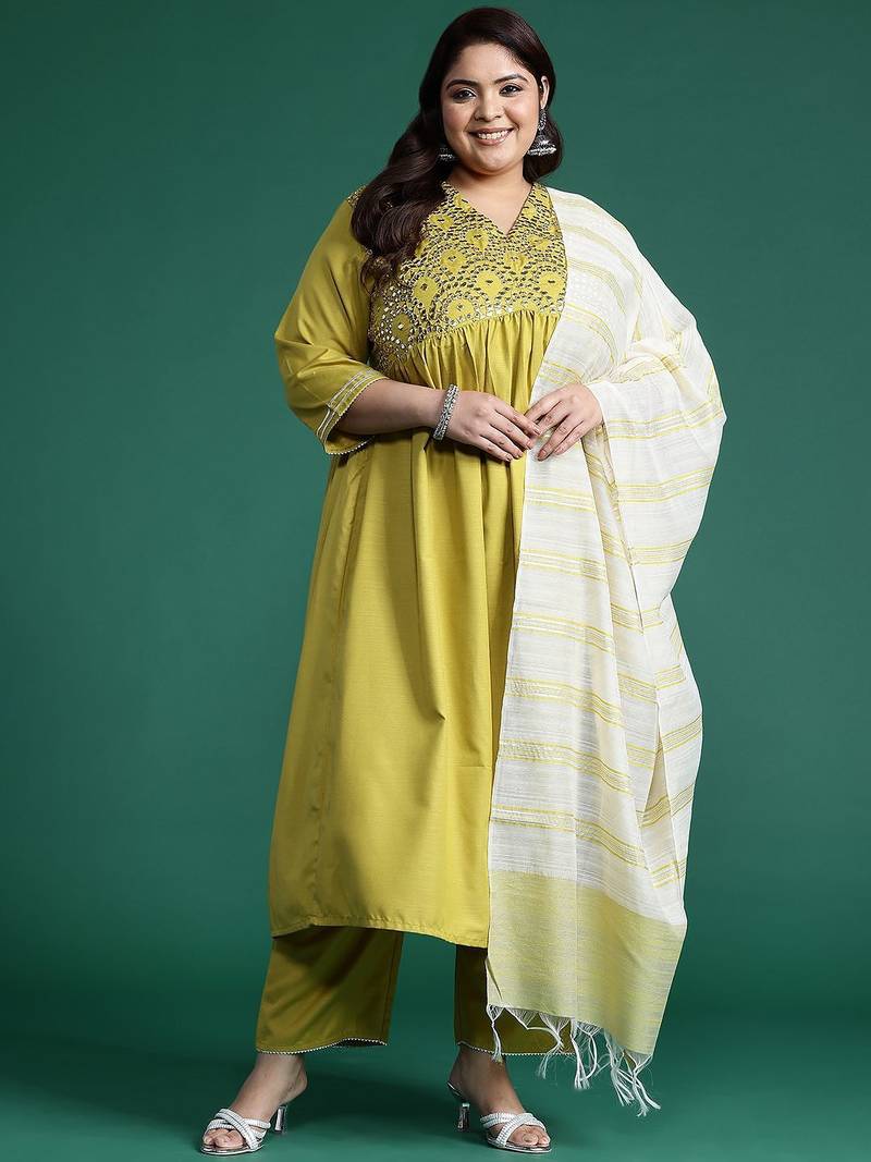 Plus Size Embroidered A-Line Kurta Trousers With Dupatta Set