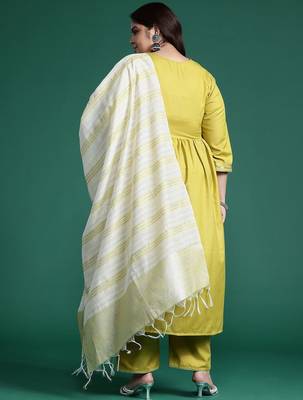 Plus Size Embroidered A-Line Kurta Trousers With Dupatta Set 6