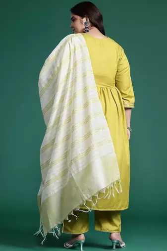 Plus Size Embroidered A-Line Kurta Trousers With Dupatta Set