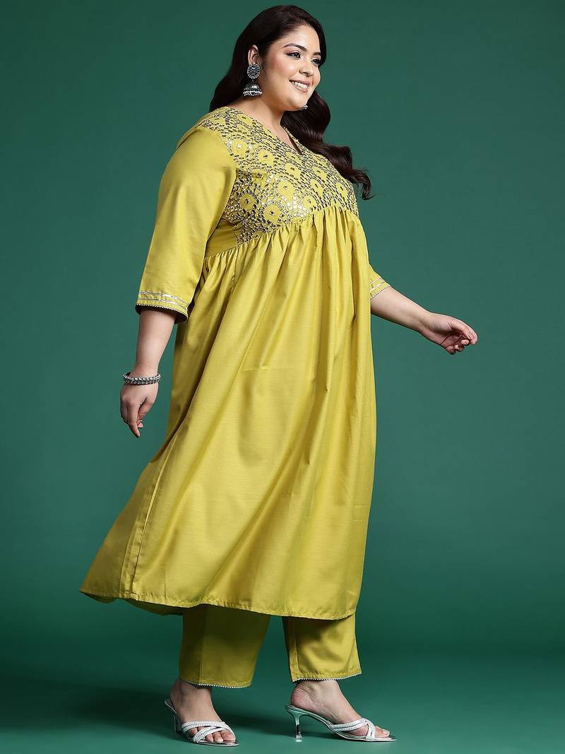 Plus Size Embroidered A-Line Kurta Trousers With Dupatta Set