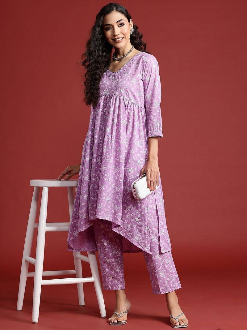Women Floral Printed Empire Gotta Patti Pure Cotton Kurta with Trousers