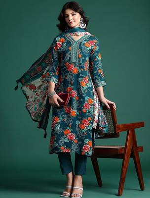 Floral Printed Mirror Work Kurta with Trousers & With Dupatta 1