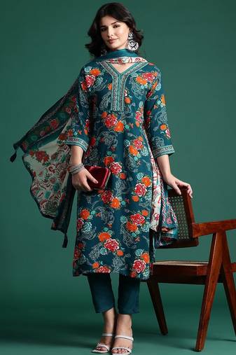 Floral Printed Mirror Work Kurta with Trousers & With Dupatta