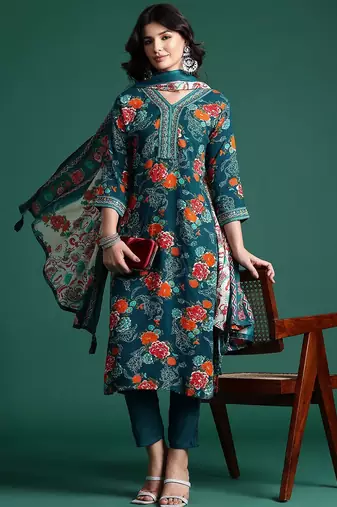 Floral Printed Mirror Work Kurta with Trousers & With Dupatta