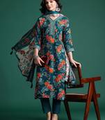 Floral Printed Mirror Work Kurta with Trousers & With Dupatta