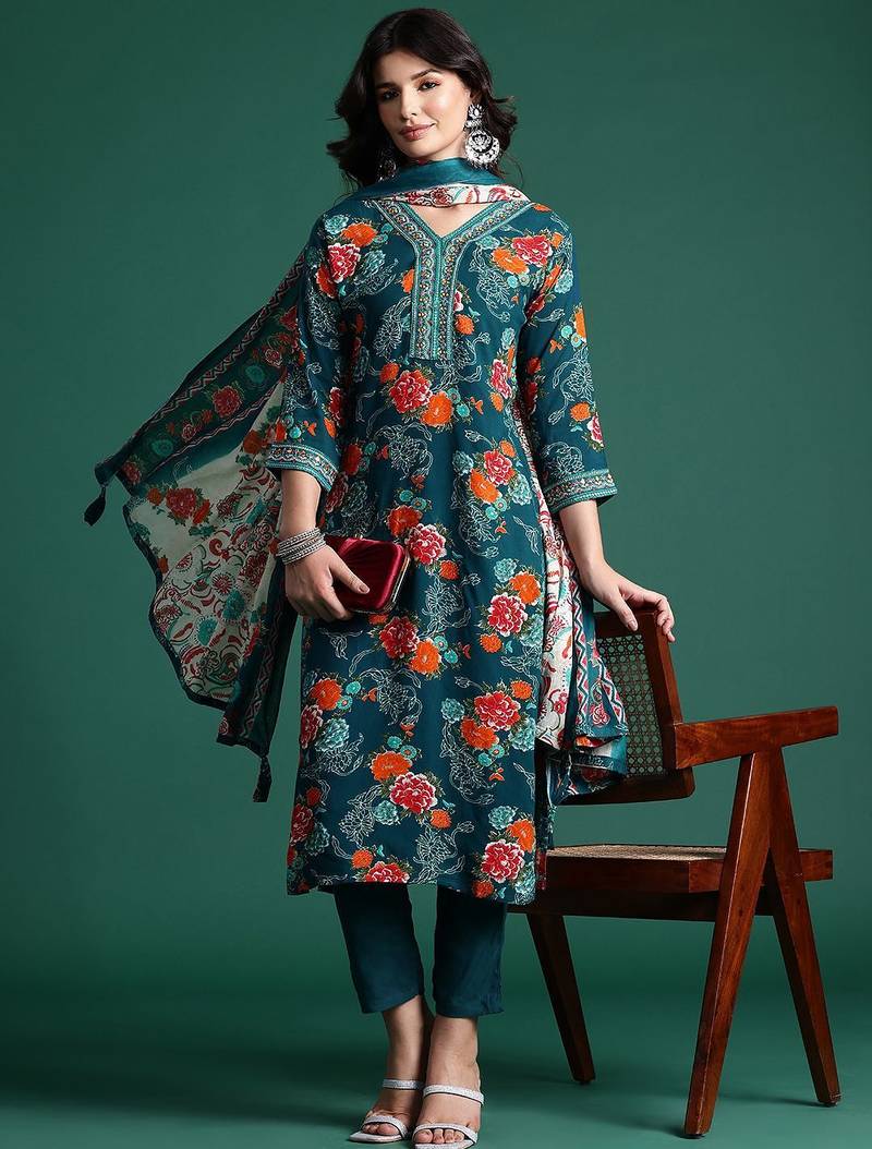 Floral Printed Mirror Work Kurta with Trousers & With Dupatta