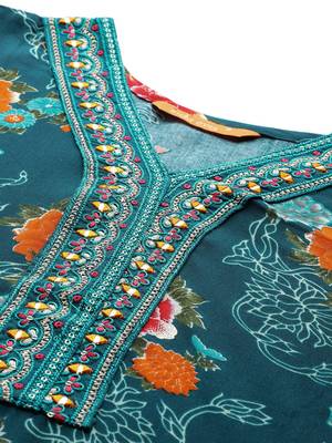 Floral Printed Mirror Work Kurta with Trousers & With Dupatta 2