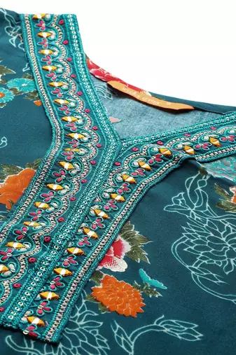 Floral Printed Mirror Work Kurta with Trousers & With Dupatta