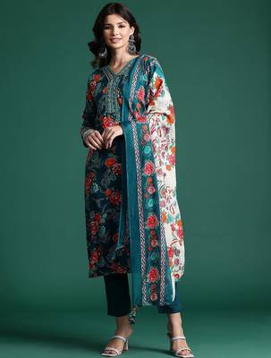 Floral Printed Mirror Work Kurta with Trousers & With Dupatta 5