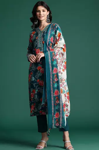 Floral Printed Mirror Work Kurta with Trousers & With Dupatta