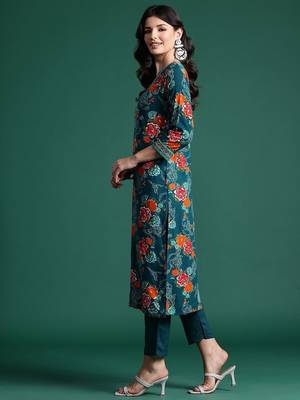 Floral Printed Mirror Work Kurta with Trousers & With Dupatta 6