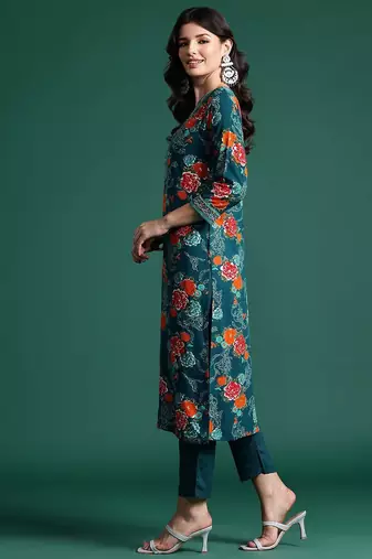 Floral Printed Mirror Work Kurta with Trousers & With Dupatta