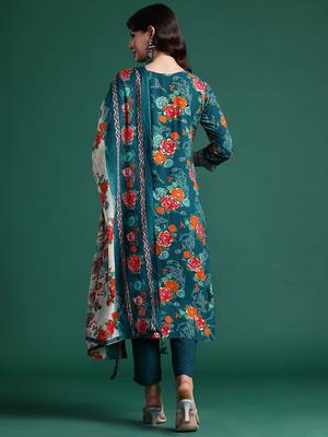 Floral Printed Mirror Work Kurta with Trousers & With Dupatta 7