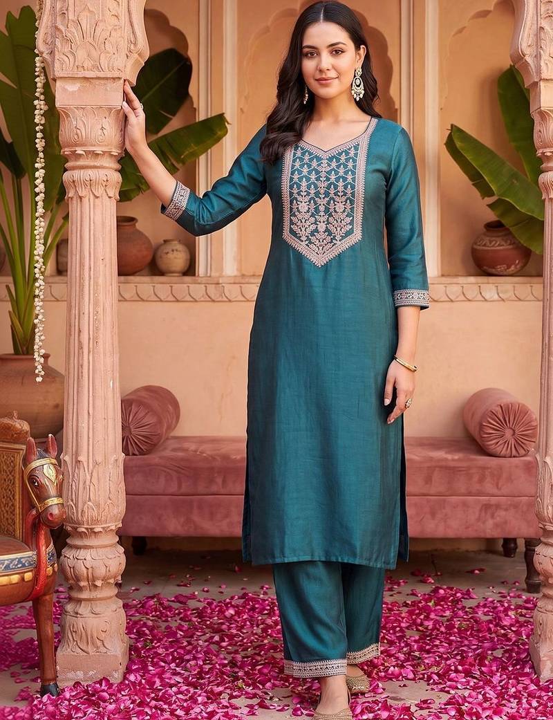 Women Ethnic Motifs Embroidered Regular Thread Work Liva Kurta with Trousers
