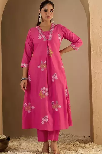 Women Floral Printed Cotton A-Line Kurta with Trousers
