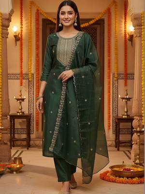 Women Ethnic Motifs Embroidered Regular Thread Work Kurta with Trousers & With Dupatta 1
