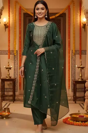 Women Ethnic Motifs Embroidered Regular Thread Work Kurta with Trousers & With Dupatta