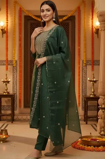 Women Ethnic Motifs Embroidered Regular Thread Work Kurta with Trousers & With Dupatta