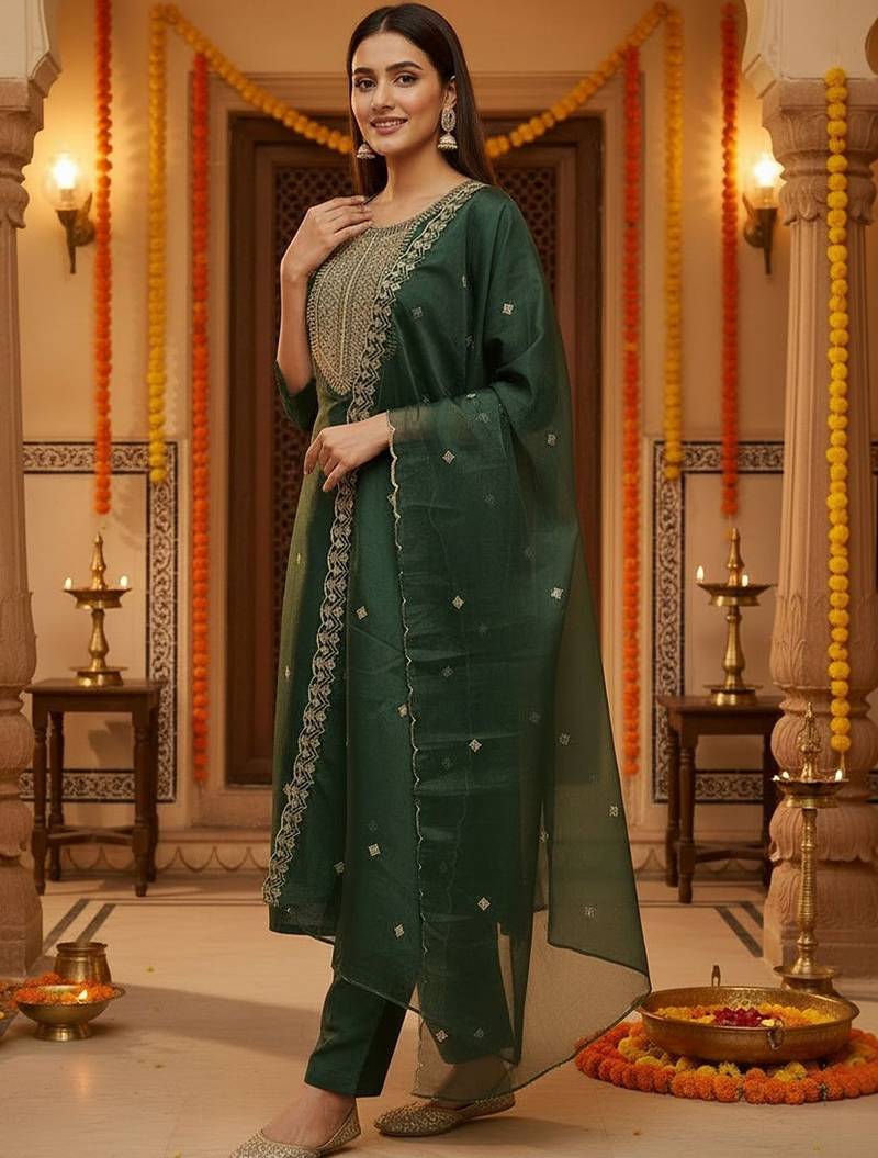 Women Ethnic Motifs Embroidered Regular Thread Work Kurta with Trousers & With Dupatta