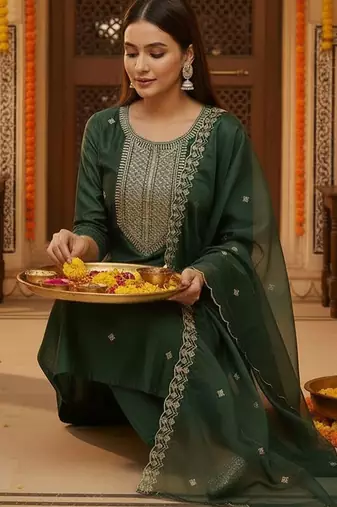 Women Ethnic Motifs Embroidered Regular Thread Work Kurta with Trousers & With Dupatta