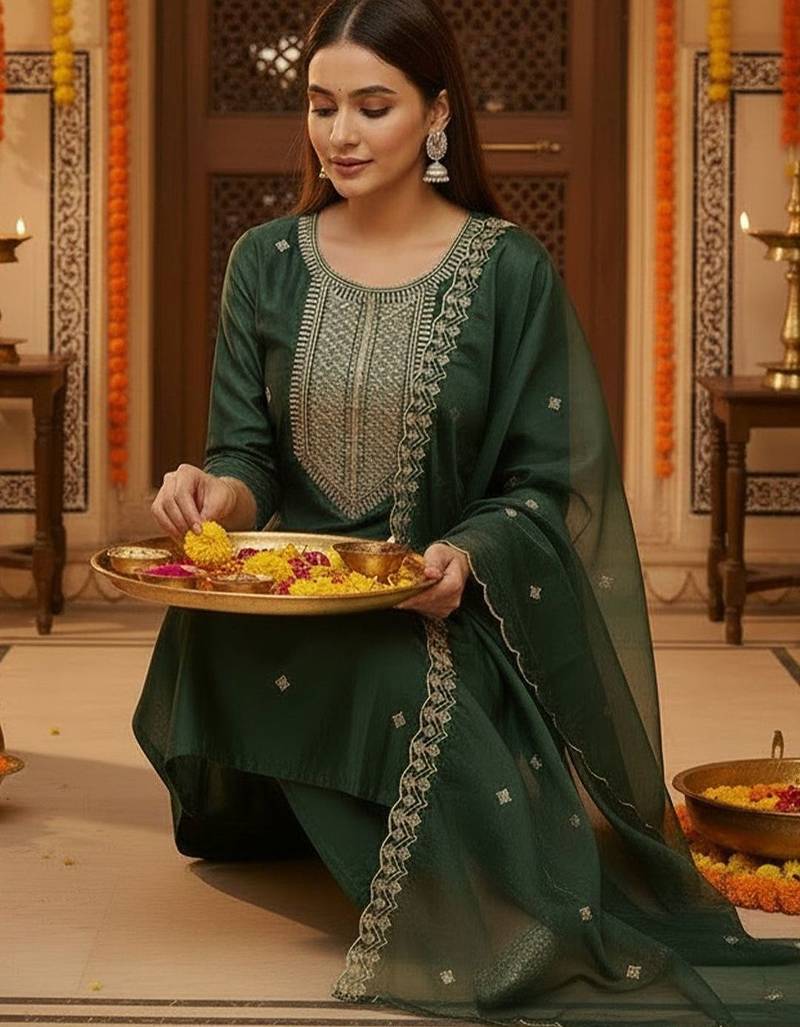 Women Ethnic Motifs Embroidered Regular Thread Work Kurta with Trousers & With Dupatta