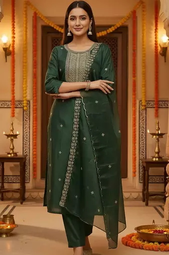 Women Ethnic Motifs Embroidered Regular Thread Work Kurta with Trousers & With Dupatta