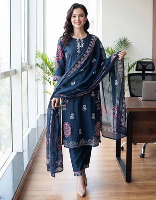Women Ethnic Motifs Printed Regular Thread Work Pure Cotton Kurta with Trousers & With Dupatta 1