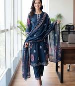 Women Ethnic Motifs Printed Regular Thread Work Pure Cotton Kurta with Trousers & With Dupatta