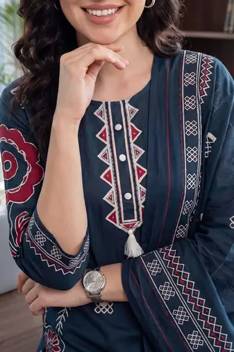 Women Ethnic Motifs Printed Regular Thread Work Pure Cotton Kurta with Trousers & With Dupatta