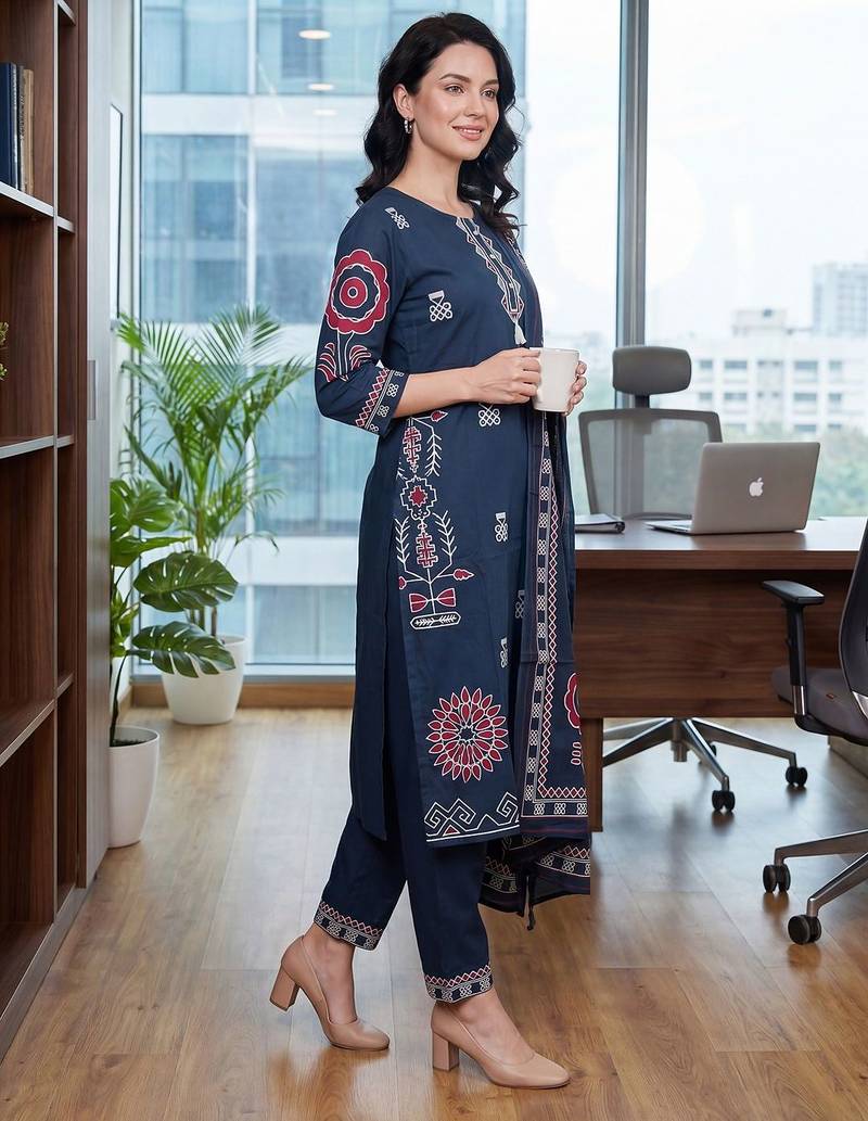 Women Ethnic Motifs Printed Regular Thread Work Pure Cotton Kurta with Trousers & With Dupatta