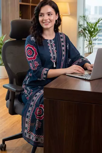Women Ethnic Motifs Printed Regular Thread Work Pure Cotton Kurta with Trousers & With Dupatta