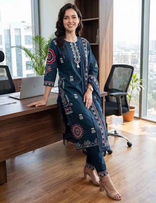 Women Ethnic Motifs Printed Regular Thread Work Pure Cotton Kurta with Trousers & With Dupatta 6