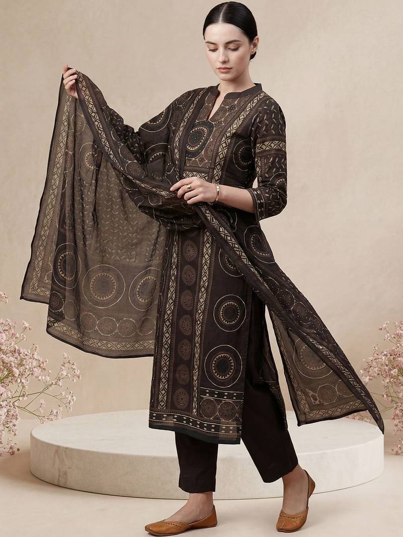 Women Ethnic Motifs Printed Regular Mirror Work Pure Cotton Kurta with Trousers & With Dupatta
