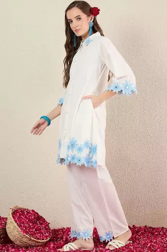 Women Floral Embroidered Regular Thread Work Pure Cotton Kurta with Palazzos