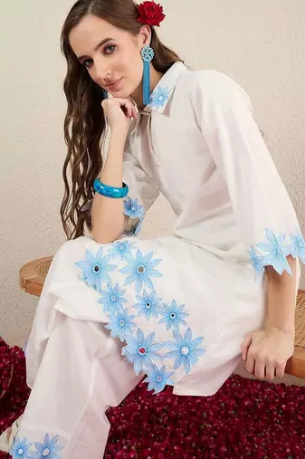 Women Floral Embroidered Regular Thread Work Pure Cotton Kurta with Palazzos
