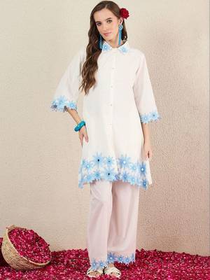 Women Floral Embroidered Regular Thread Work Pure Cotton Kurta with Palazzos 6