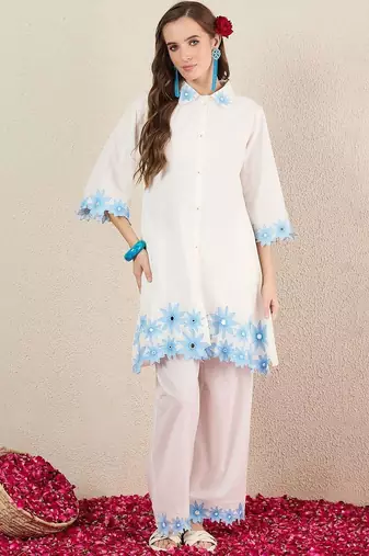 Women Floral Embroidered Regular Thread Work Pure Cotton Kurta with Palazzos