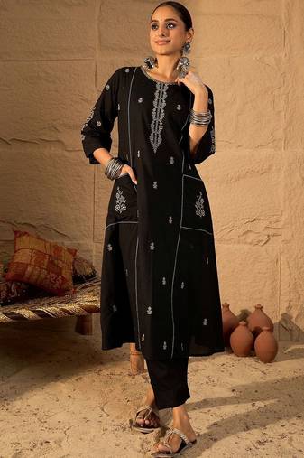 Women Ethnic Motifs Embroidered Regular Thread Work  Cotton Kurta with Trousers