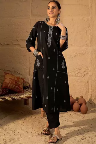 Women Ethnic Motifs Embroidered Regular Thread Work Pure Cotton Kurta with Trousers