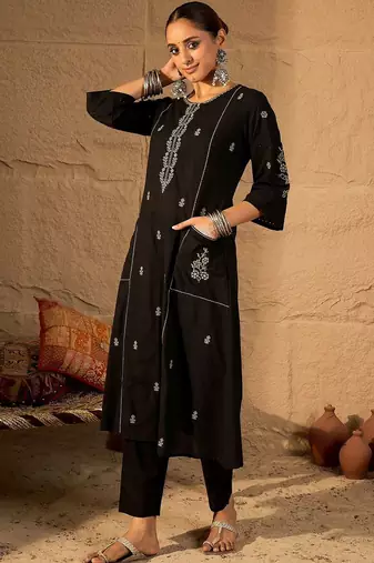 Women Ethnic Motifs Embroidered Regular Thread Work Pure Cotton Kurta with Trousers