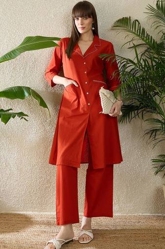 Women Regular Thread Work Pure Cotton Kurta with Palazzos