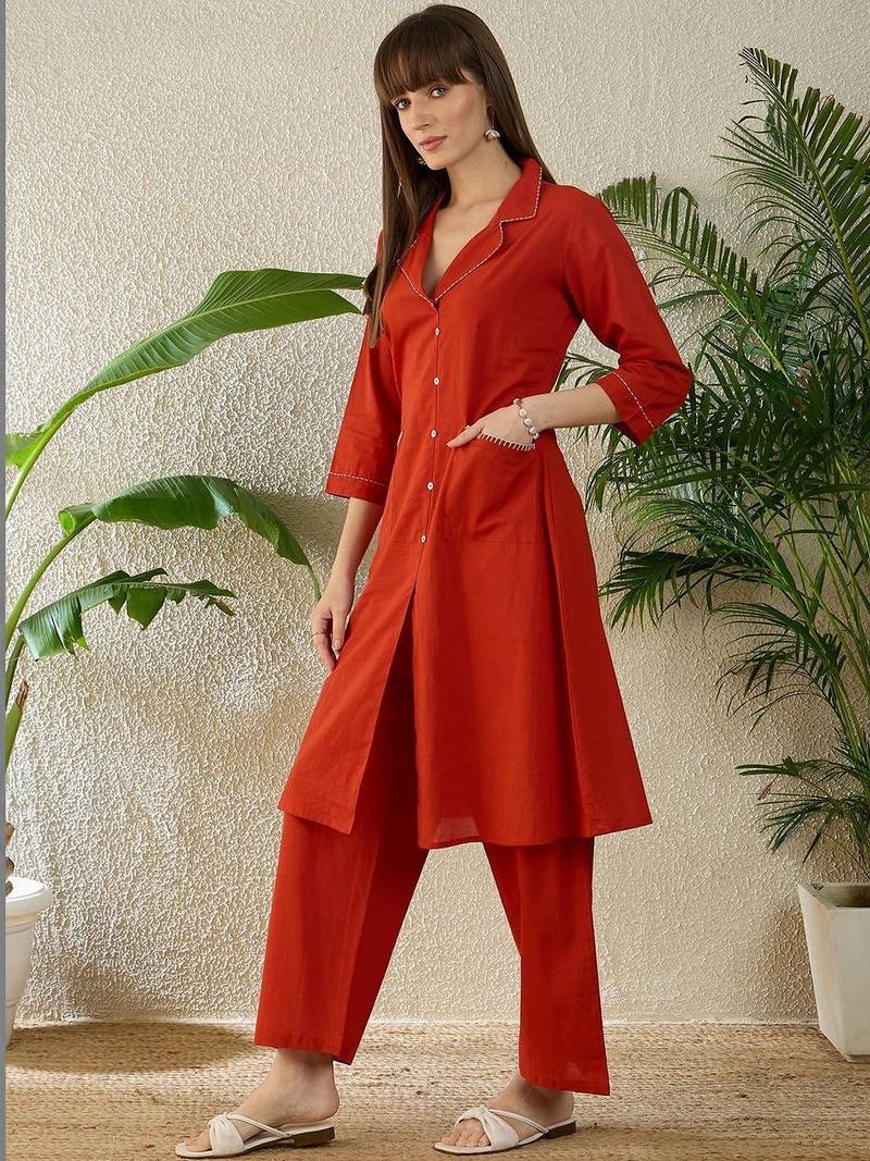 Women Regular Thread Work Pure Cotton Kurta with Palazzos