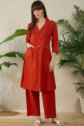 Women Regular Thread Work Pure Cotton Kurta with Palazzos