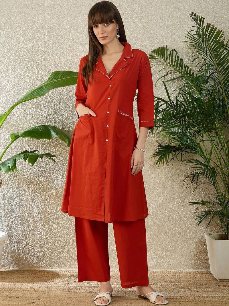 Women Regular Thread Work Pure Cotton Kurta with Palazzos