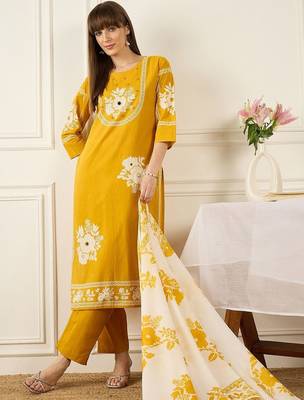 Women Floral Printed Regular Mirror Work Pure Cotton Kurta with Trousers & With Dupatta 1