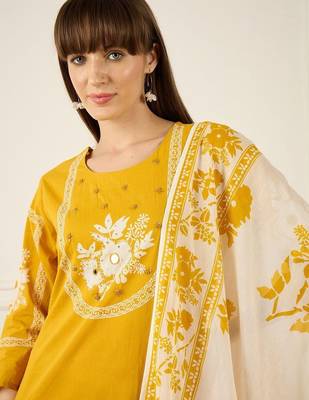 Women Floral Printed Regular Mirror Work Pure Cotton Kurta with Trousers & With Dupatta 2